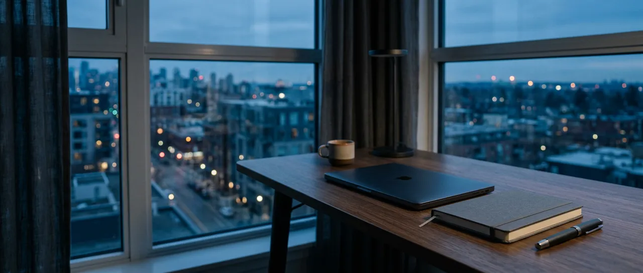 A desk beside a city window, representing transparent IT support and website pricing