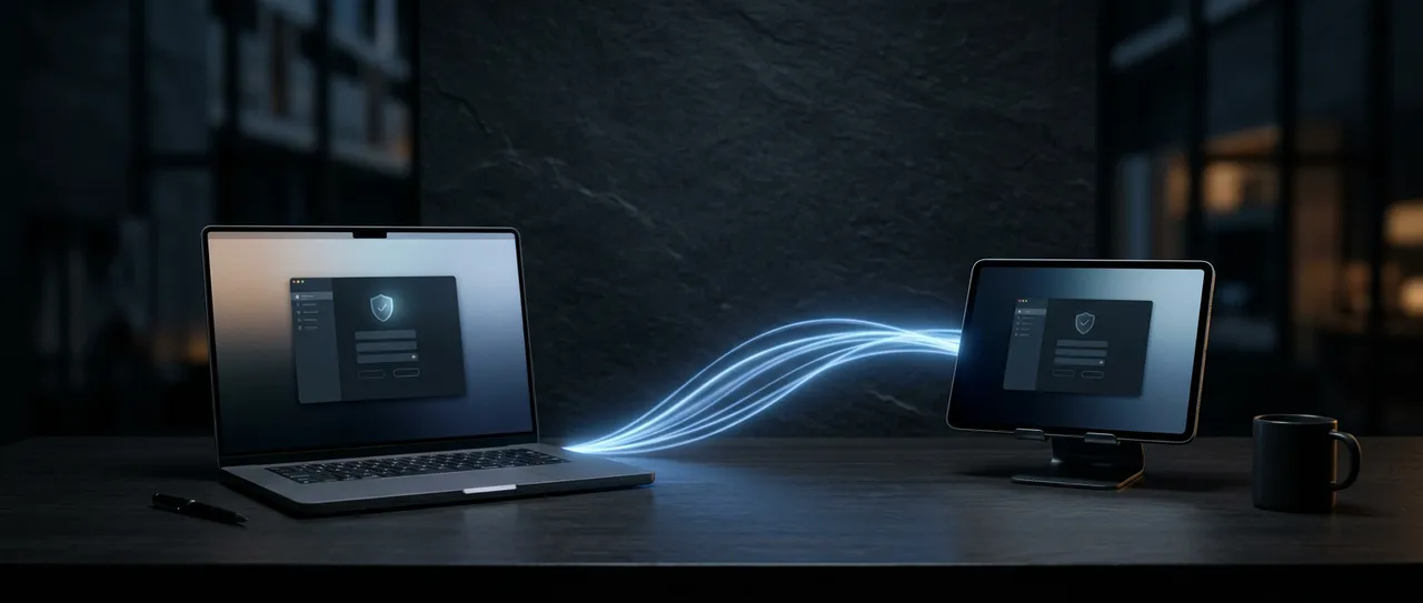 A laptop and tablet linked by a light trail, representing a secure remote support session