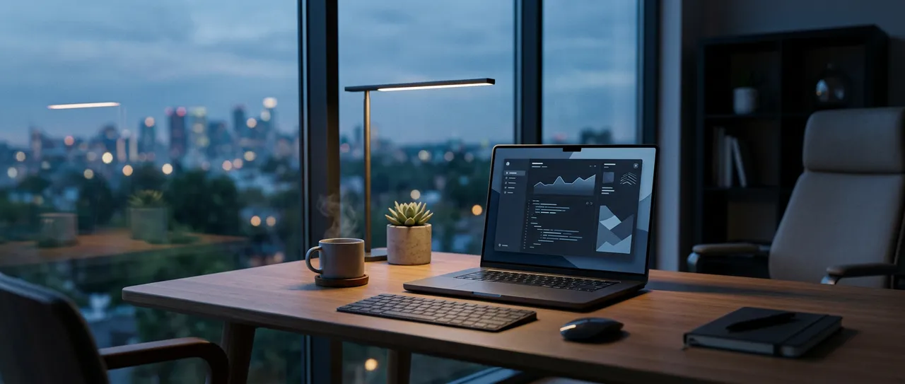 A workstation at dusk, representing remote IT support and website development services