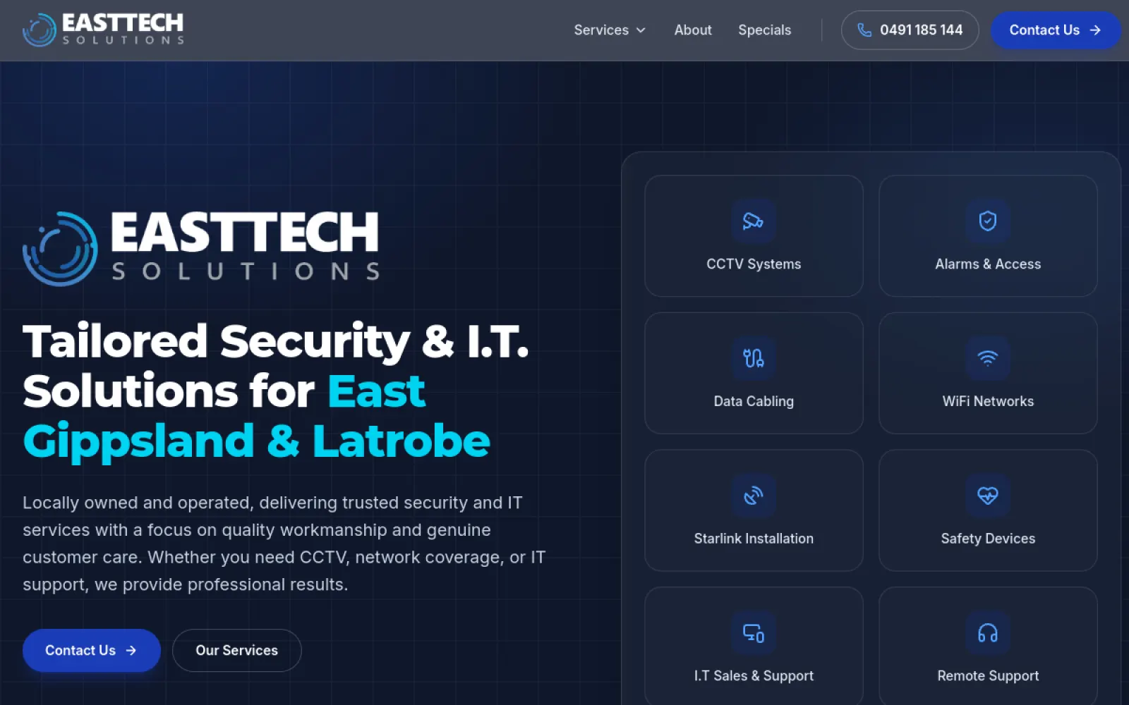Screenshot of the EastTech Solutions website, showing CCTV, alarms, data cabling and IT support services