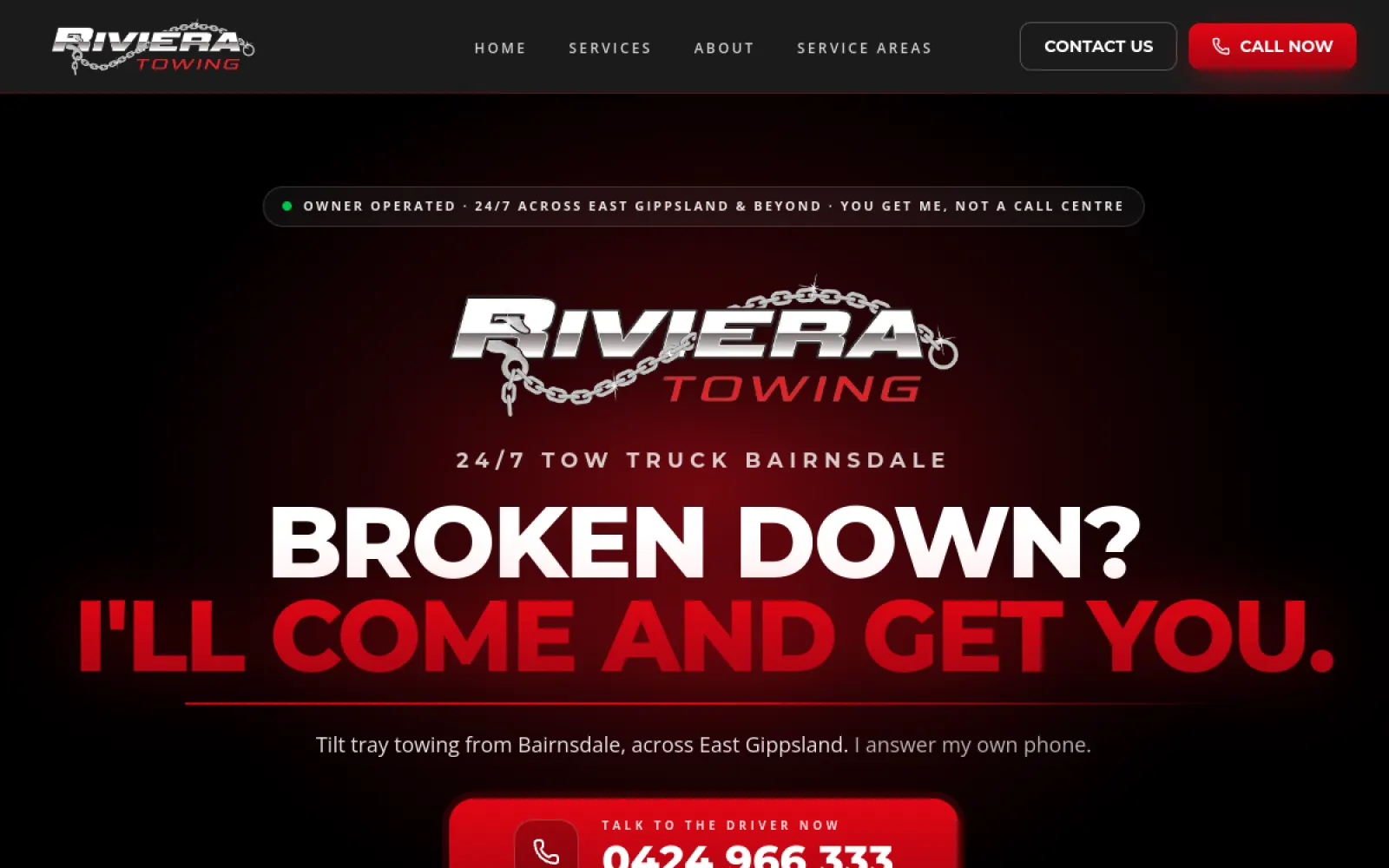 Screenshot of the Riviera Towing website, showing the call-now details for a towing service in East Gippsland